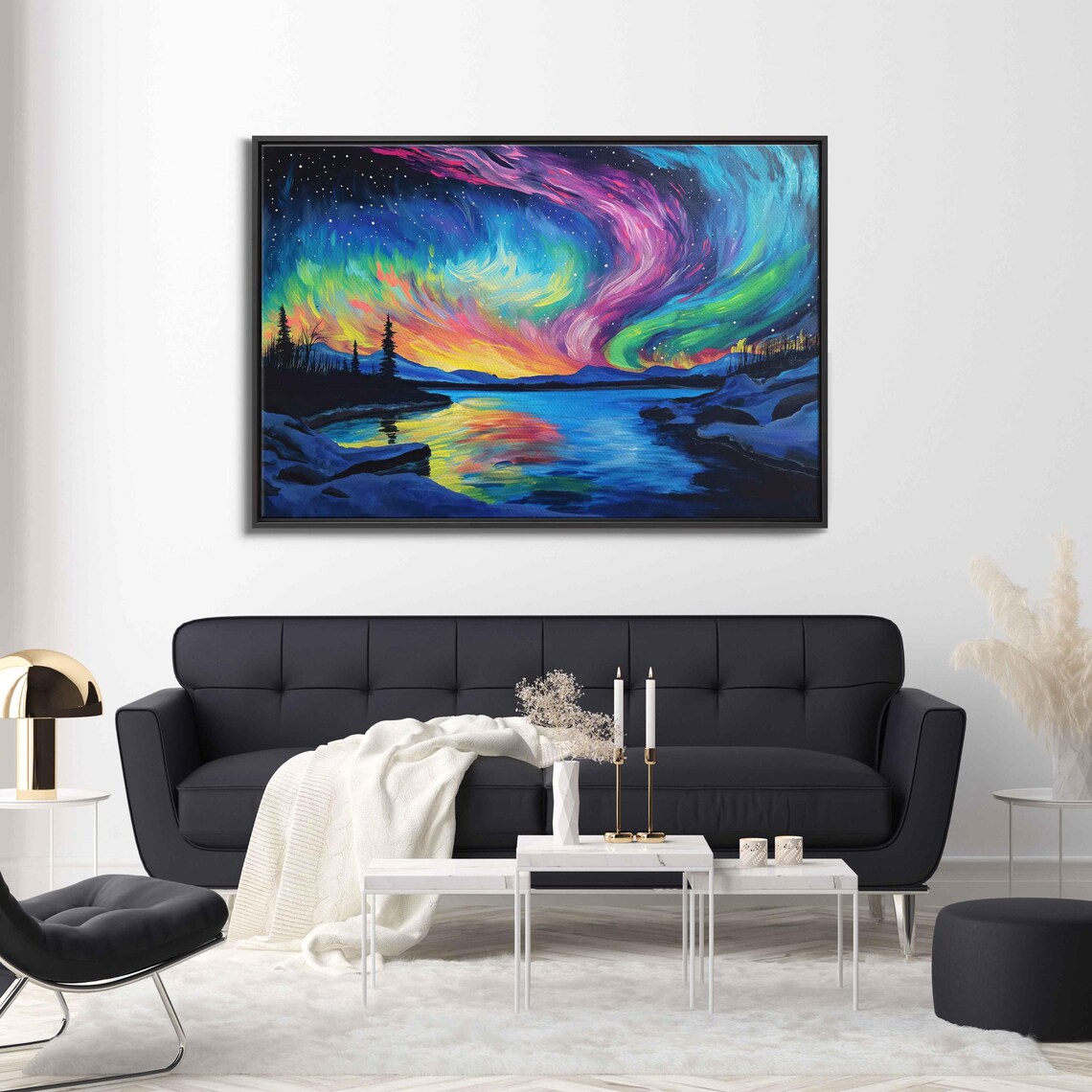 Colorful Northern Lights Over Snowy Lake Acrylic Painting Poster
