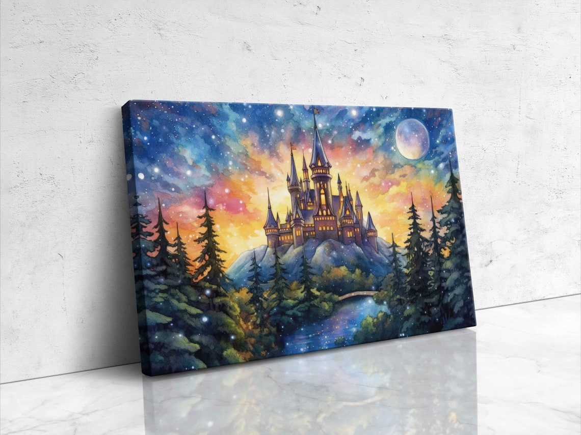 Snowy Hill Castle Full Moon Sunset Lake Bridge Starry Art Poster - Image 4