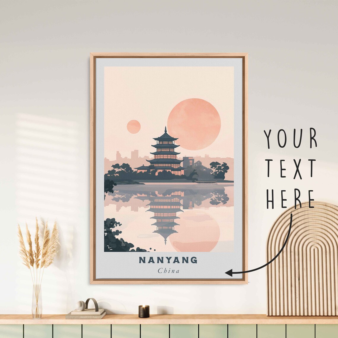 Nanyang China Sunset Pagoda Lake Reflection Pink Sky Travel Poster
