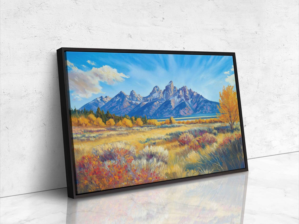 Grand Teton Peaks Autumn Golden Meadow Mountain Range Art Poster - Image 4