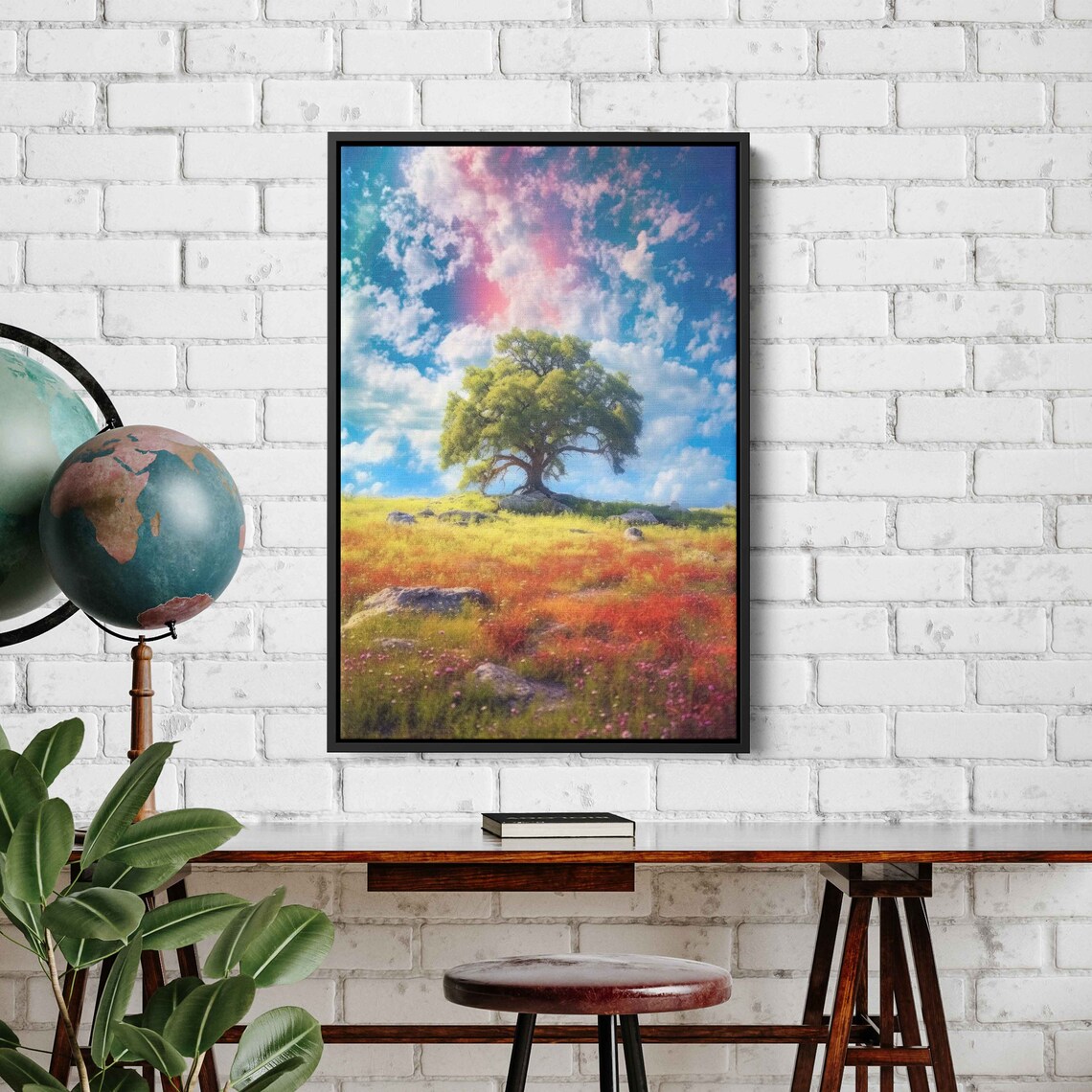 Ancient Tree Rainbow Sky 2colorful Ancient Tree In An Open Field Colorful Cloudy Skies Framed Print Ready To Hang