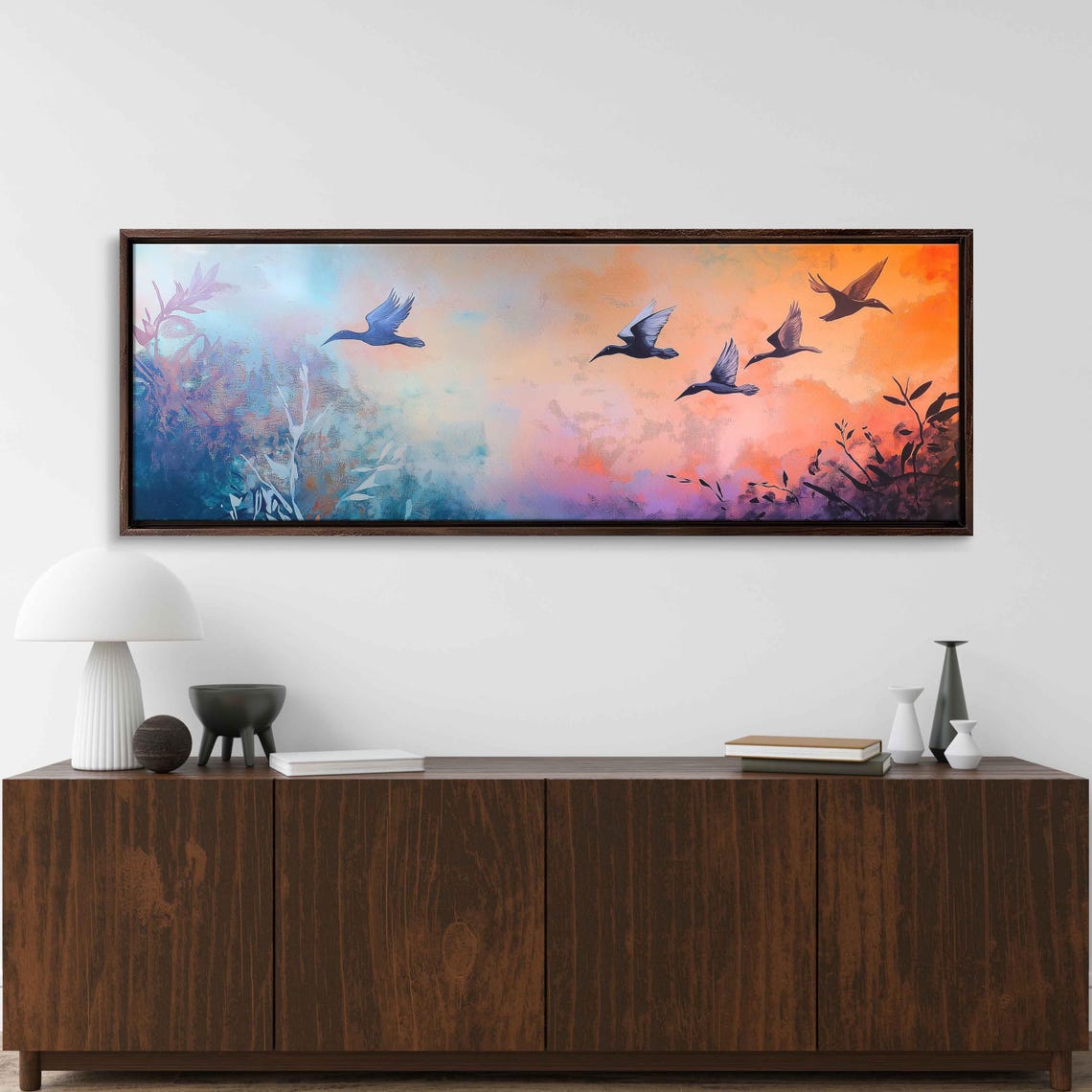 Herons Flying Sunset Marsh Pink Sky Impressionist Wall Art Print