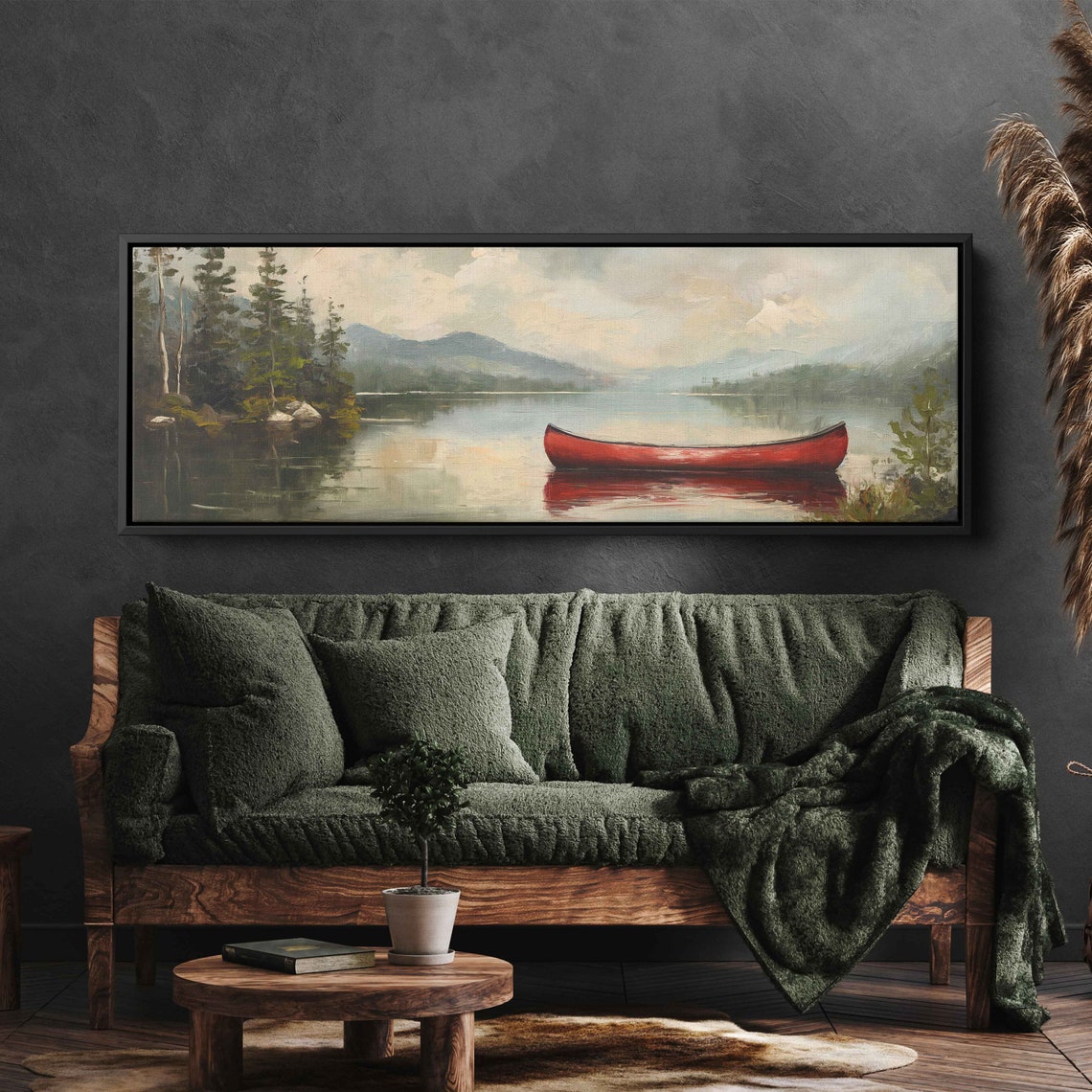 Red Canoe Tree Lined Mountain Lake Vintage Oil Painting Serene Poster - Image 3