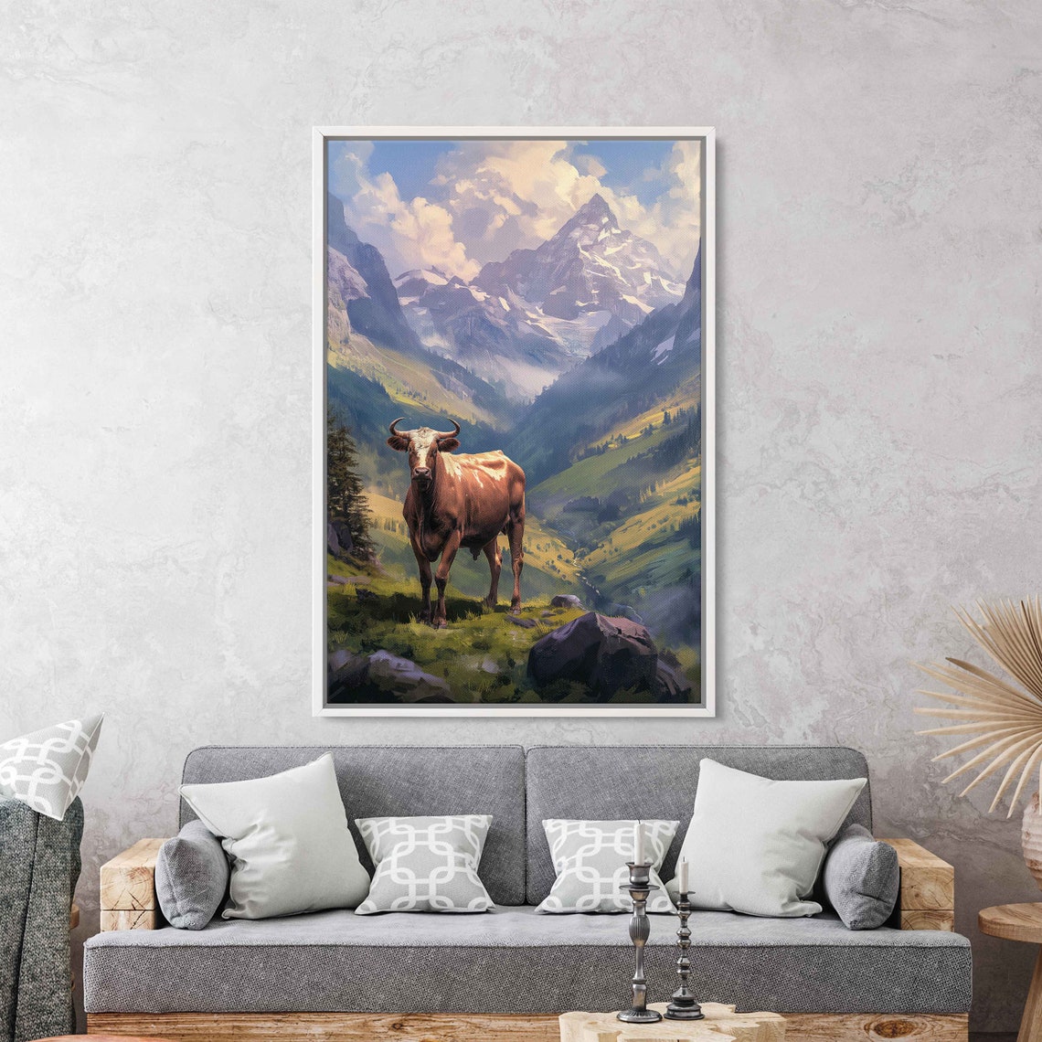 Longhorn Steer In Snowy Alpine Valley Mountain Meadow Poster - Image 2