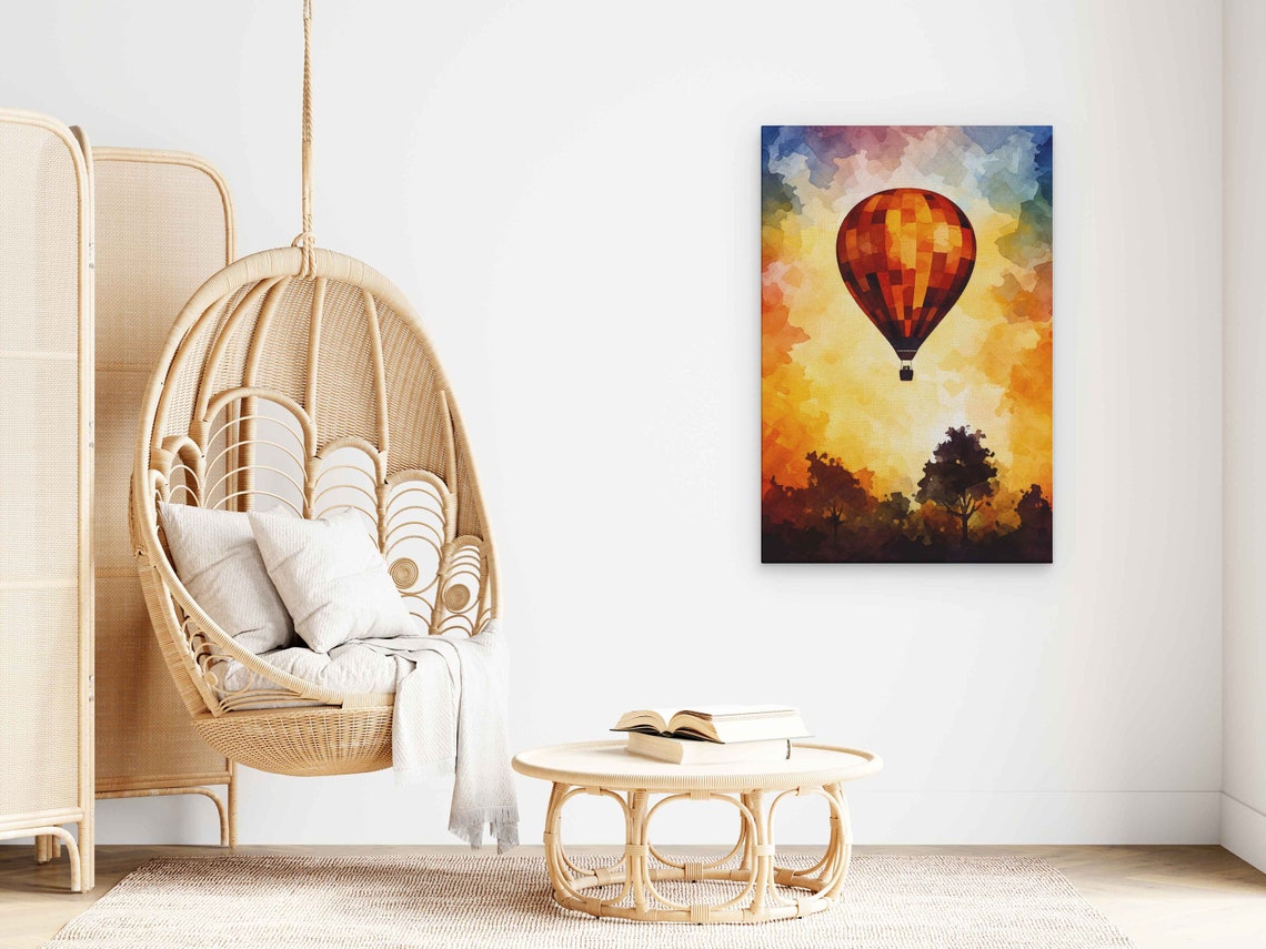 Hot Air Balloon Watercolor Sunset Sky Tree Silhouette Art Poster - Image 3