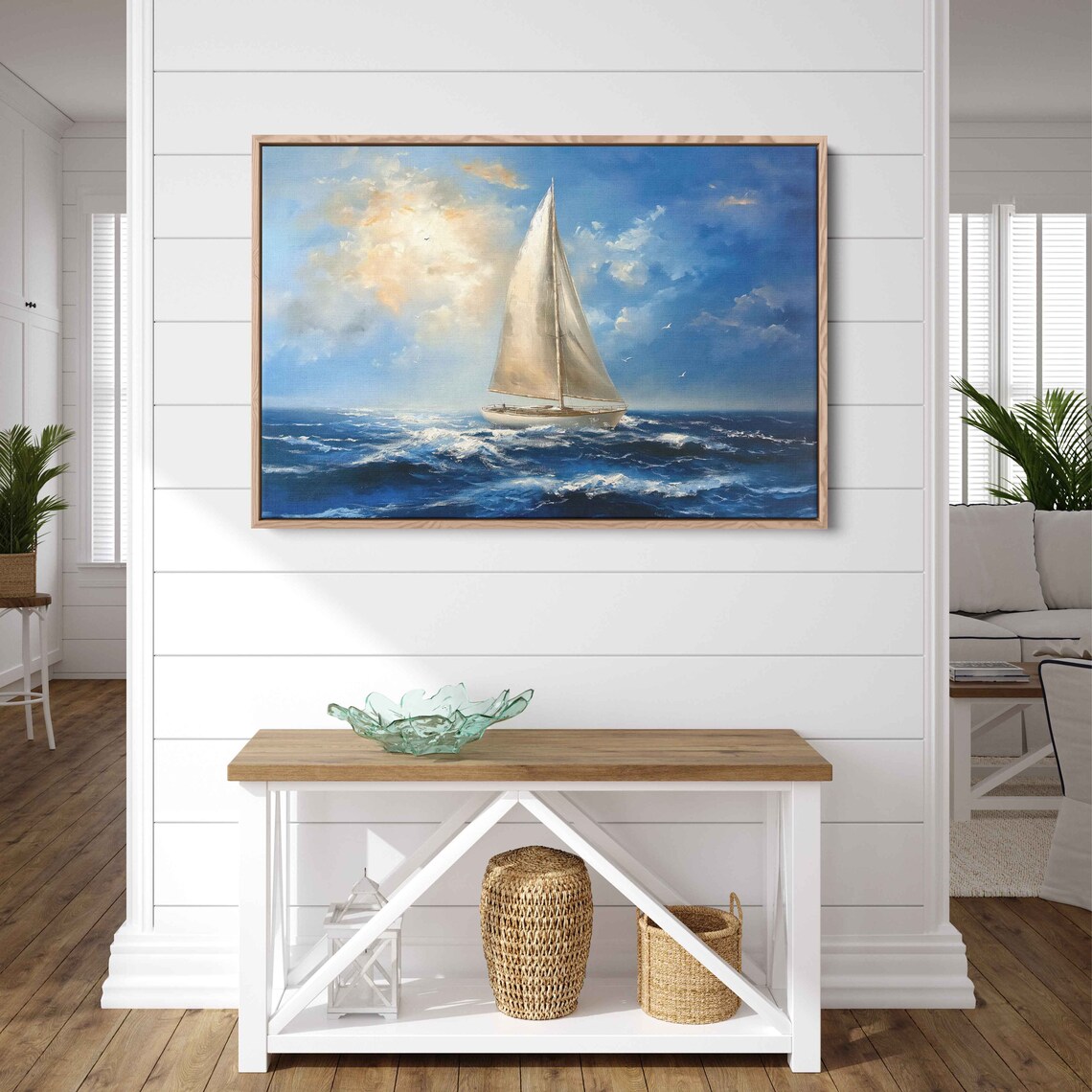 Sailboat Riding Choppy Blue Waves Golden Clouds Seascape Painting Poster - Image 3