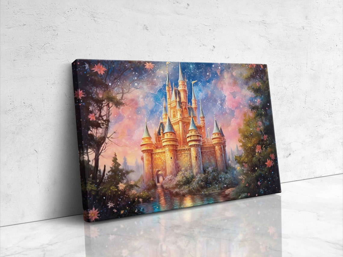 Fairy Tale Castle Moat Flowers Starry Pink Sunset Watercolor Poster - Image 4
