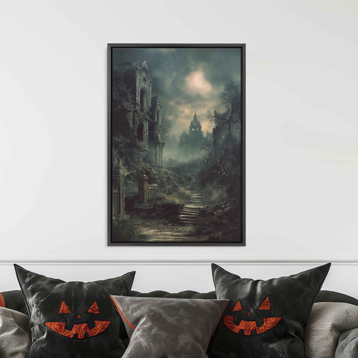 Abandoned Abbey Ruins Stone Staircase Full Moon Foggy Night Wall Art - Image 3