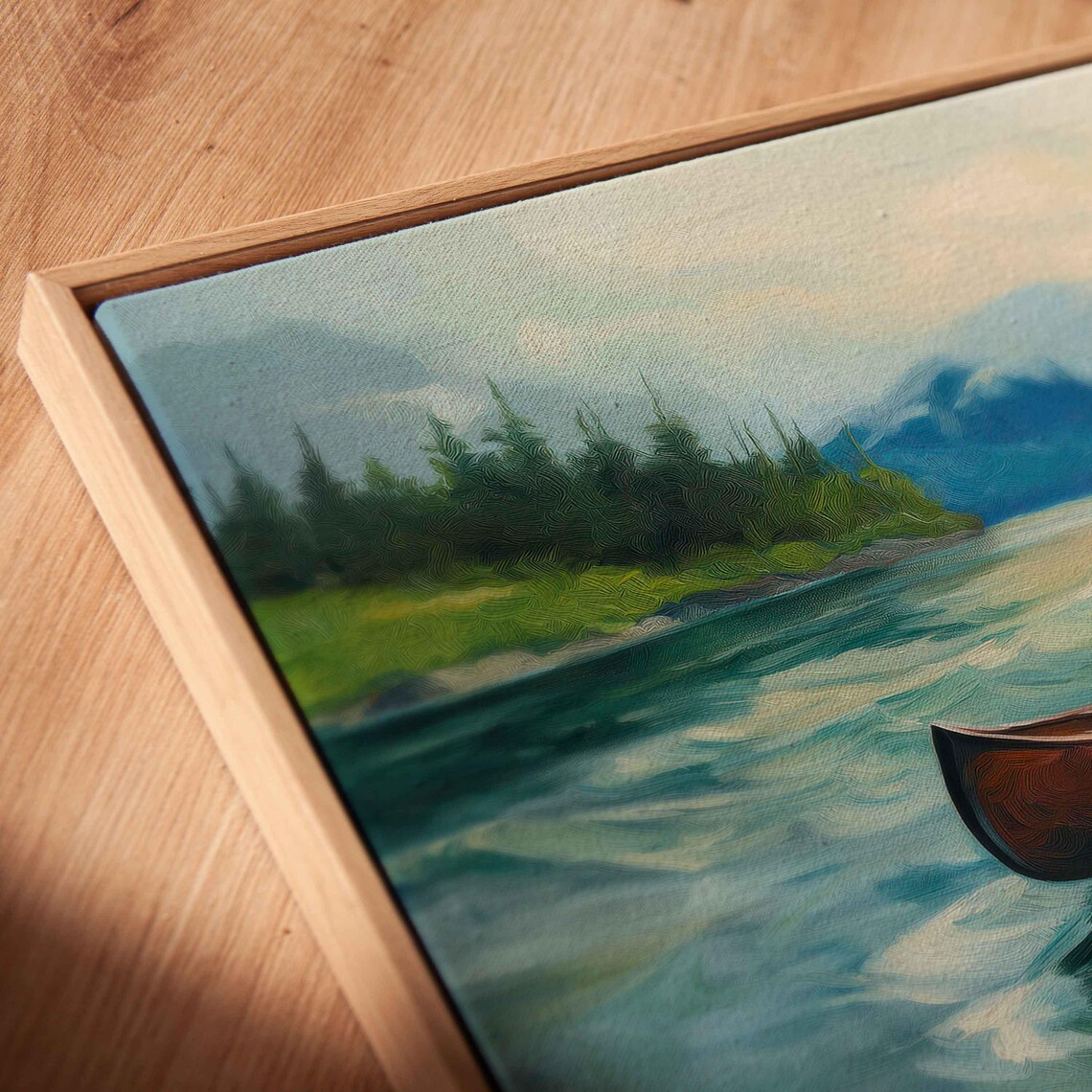 Wooden Canoe Turquoise Waves Mountain Lake Scenic Oil Painting Poster - Image 2