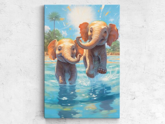 Two Baby Elephants Playing Turquoise Water Cute Wildlife Print