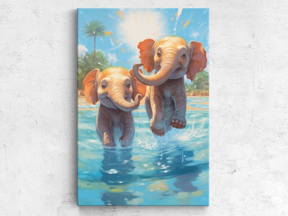 Whimsical Painting Of A Pair Of Cute Baby Elephant Calves Framed Print Ready To Hang