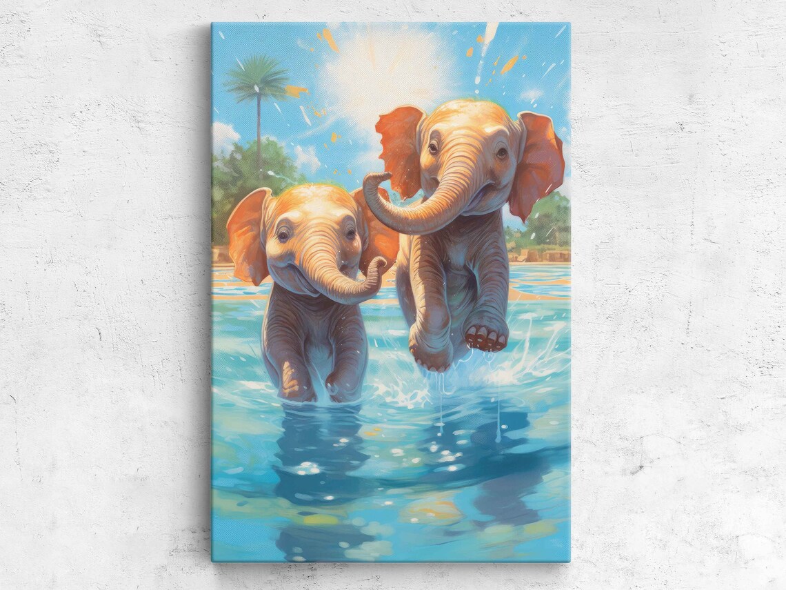 Two Baby Elephants Playing Turquoise Water Cute Wildlife Print