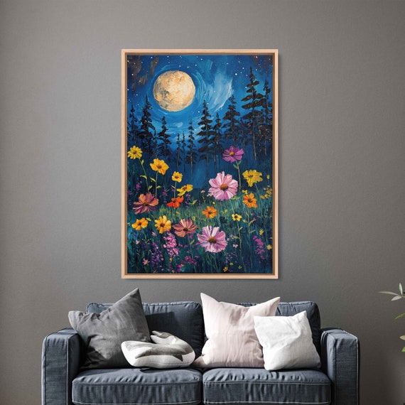 Field Of Vibrant Flowers Full Moon Starry Night Painting Framed Print Ready To Hang
