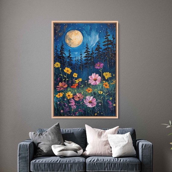 Full Moon Wildflower Meadow Pine Forest Night Sky Bloom Painting Poster