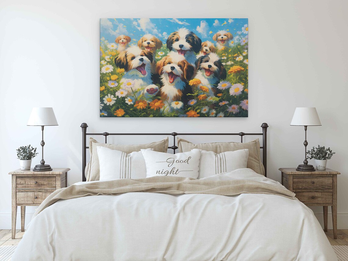 Pack Of Cute Happy Dogs In A Field Of Wildflowers Painting Framed Print Ready To Hang Happy And Uplifting Art - Image 3