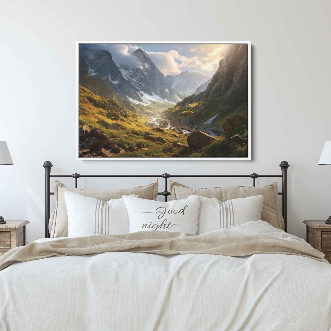 Captivating Sunlit Landscape Scene Green Valley Snowy Mountains Painting Framed Print Ready To Hang - Image 2