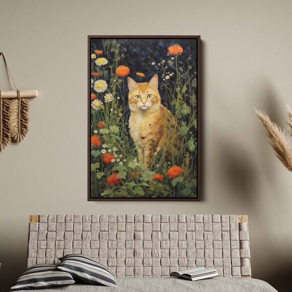 Orange Tabby Cat Among Wildflowers At Night Garden Painting Print