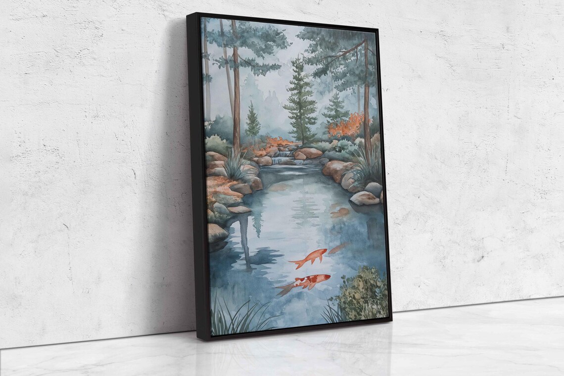 Watercolor Koi Pond Forest Stream Morning Fog Pine Trees Tranquil Art Print - Image 4