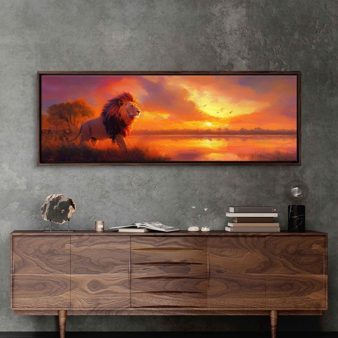 Mighty Lion At Water's Edge Fiery Sunset Panoramic Wildlife Poster