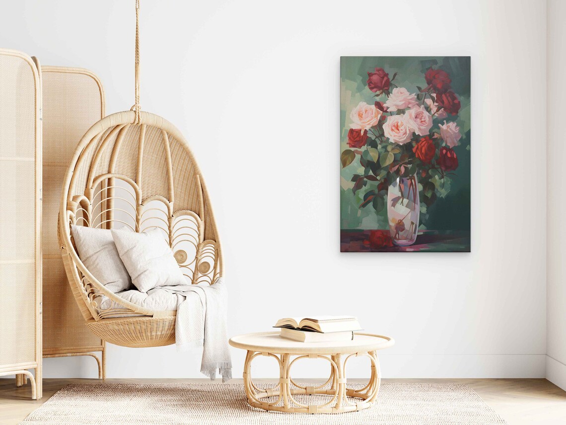 Blush And Red Roses In Glass Vase Impressionist Oil Painting Print - Image 4