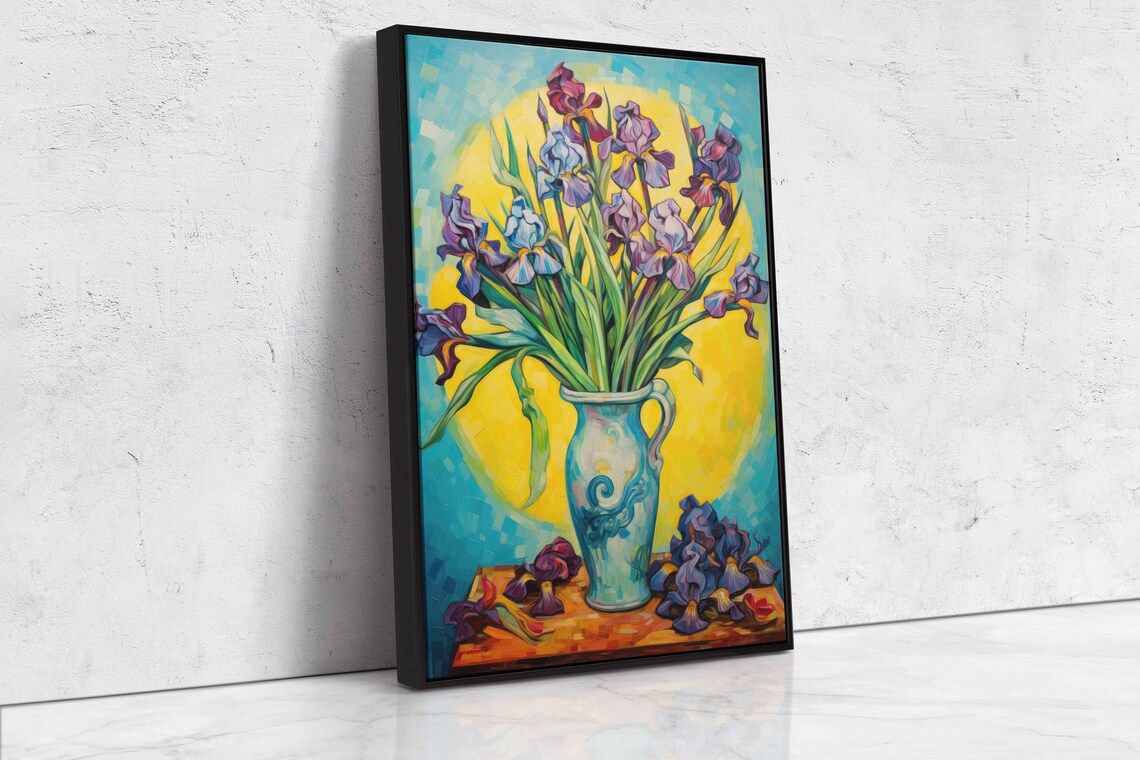 Purple Iris Flowers in Blue Vase Still Life Painting Art Print Poster - Image 4