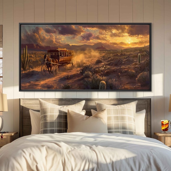 Stagecoach Racing Across Western Landscape Wall Art Print Desert Oil Painting Wild West Art Western Sunset Ready To Hang