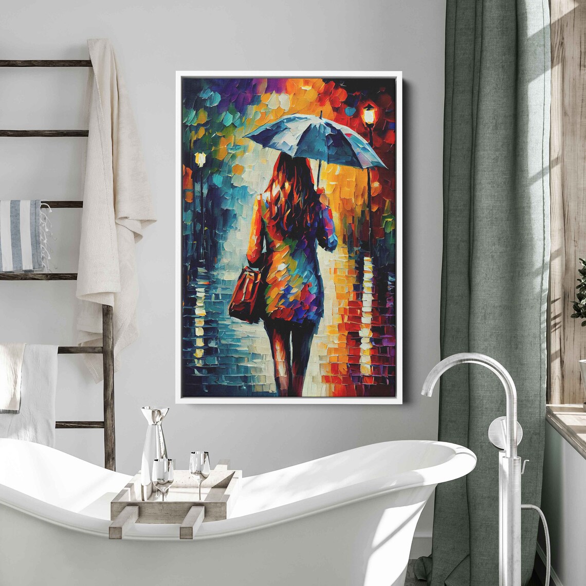 Woman With Umbrella Rainy Night Street Vibrant Palette Knife Oil Painting Print - Image 2