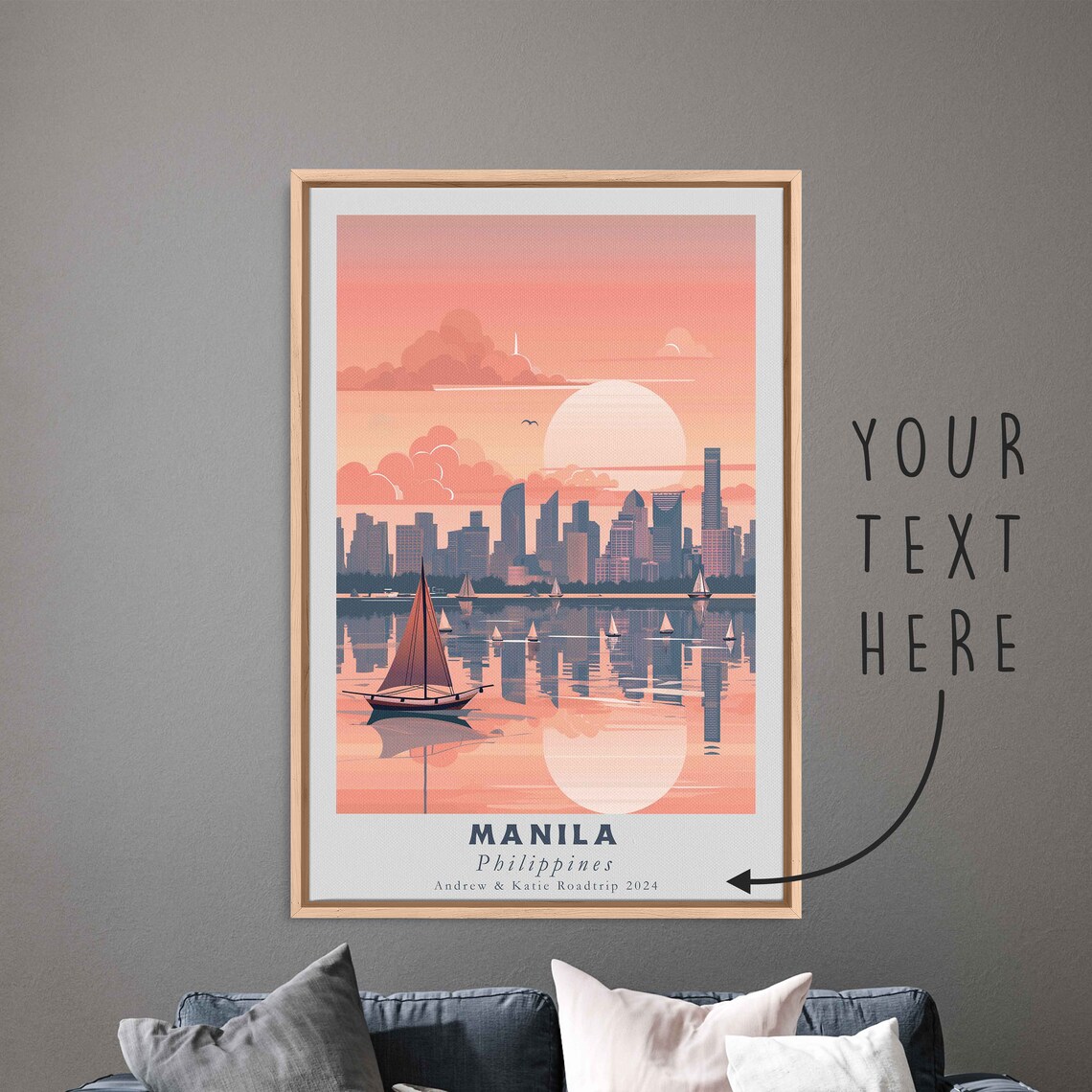 Manila Philippines Sunset Bay Skyline Sailboats Pink Sky Travel Poster - Image 3