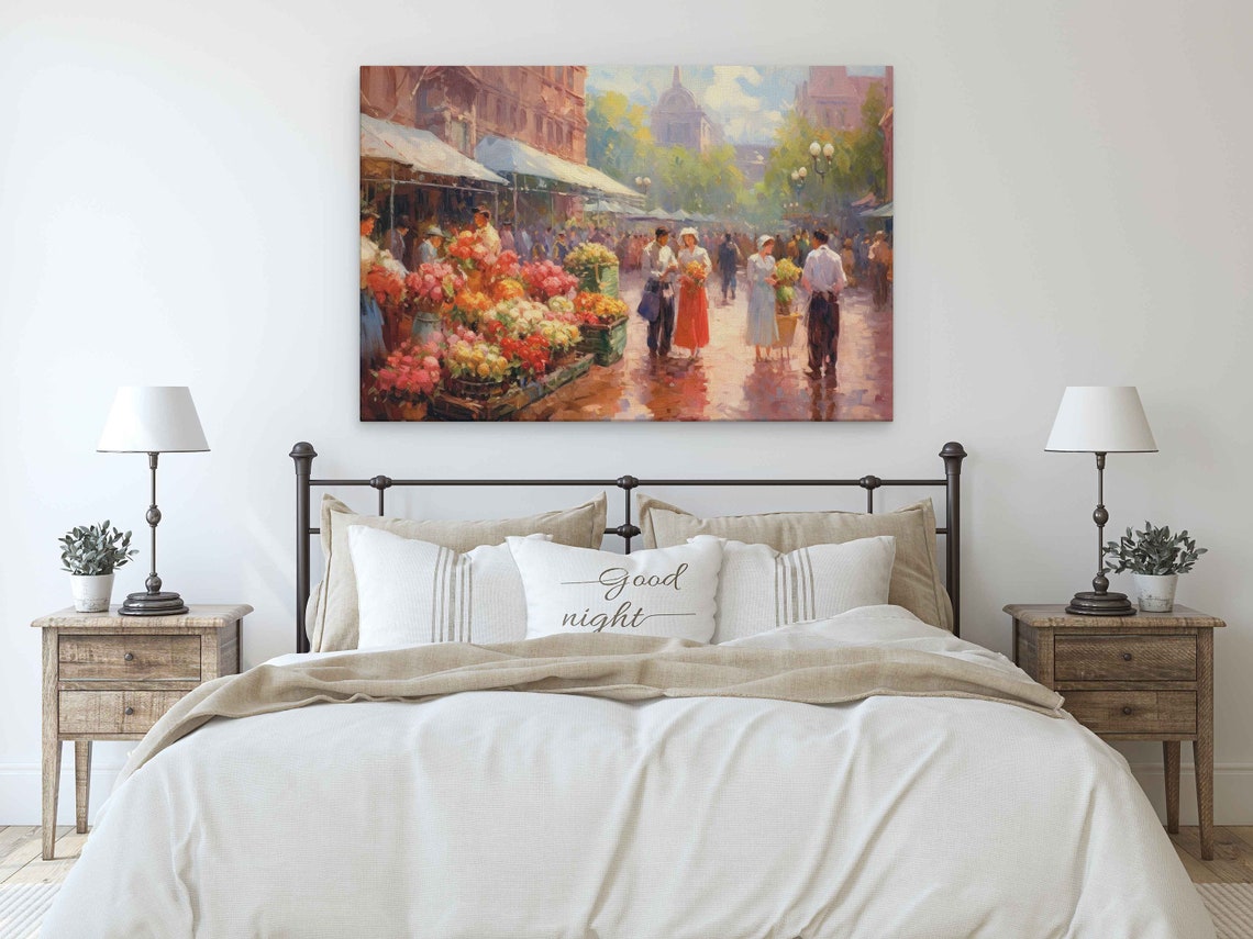 Sunlit Flower Market Street Vendors Impressionist Painting Print - Image 3