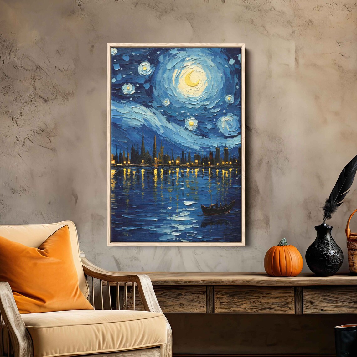 Van Gogh Starry Night Over Harbor Crescent Moon Boat Painting Art Poster - Image 2