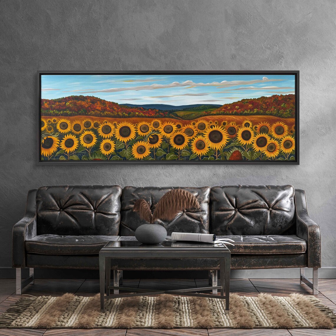 Sunflower Field With Autumn Trees And Mountain Hills Painting Poster - Image 3