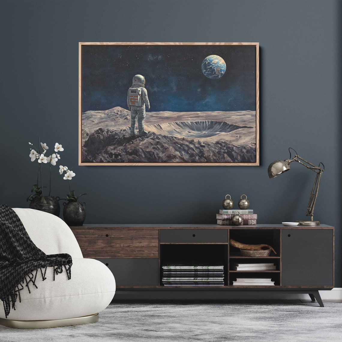 Astronaut On Moon Gazing Earth Crater Starry Night Space Art Poster - Image 3