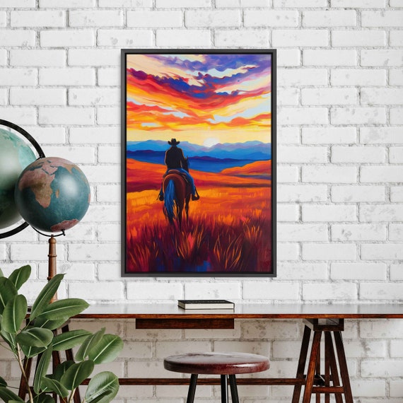 Lone Cowboy Riding In The Sunset Vibrant Color Wall Art Print Ready To Hang