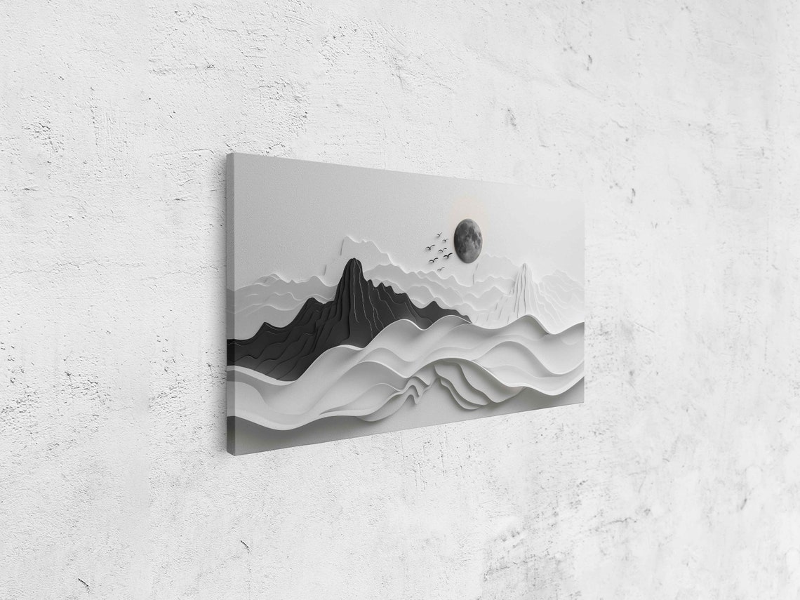 Paper Cut Layered Mountains Full Moon Birds Monochrome 3D Art Poster - Image 4
