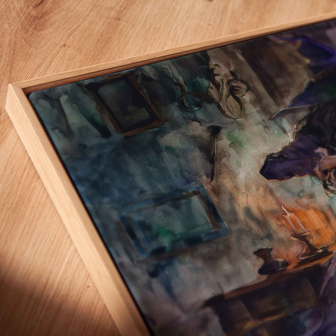 Beautiful Witch Playing Violin Cozy Fireplace Room Watercolor Poster - Image 2