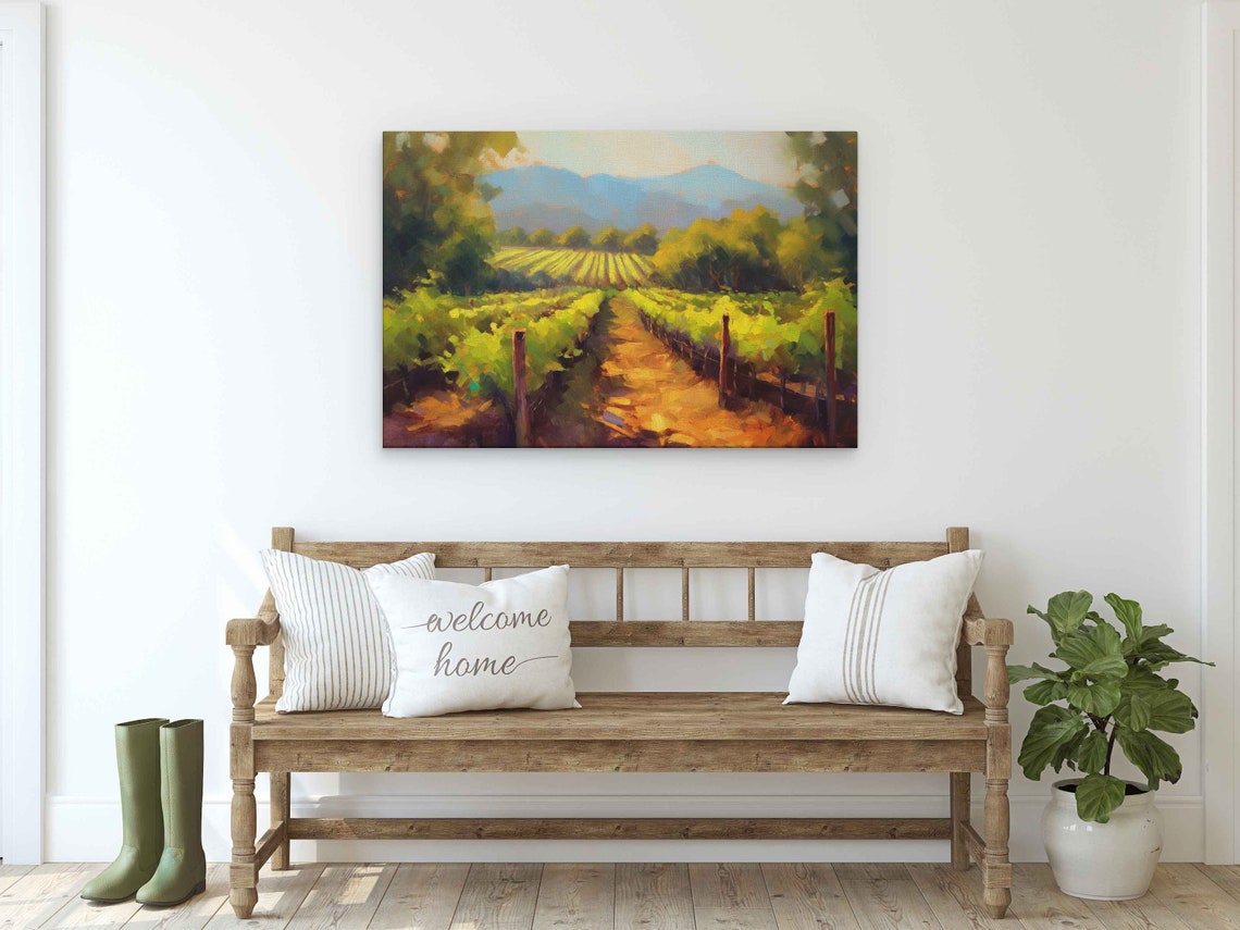 Golden Vineyard Rows Rolling Hills Sunset Landscape Painting Poster - Image 2