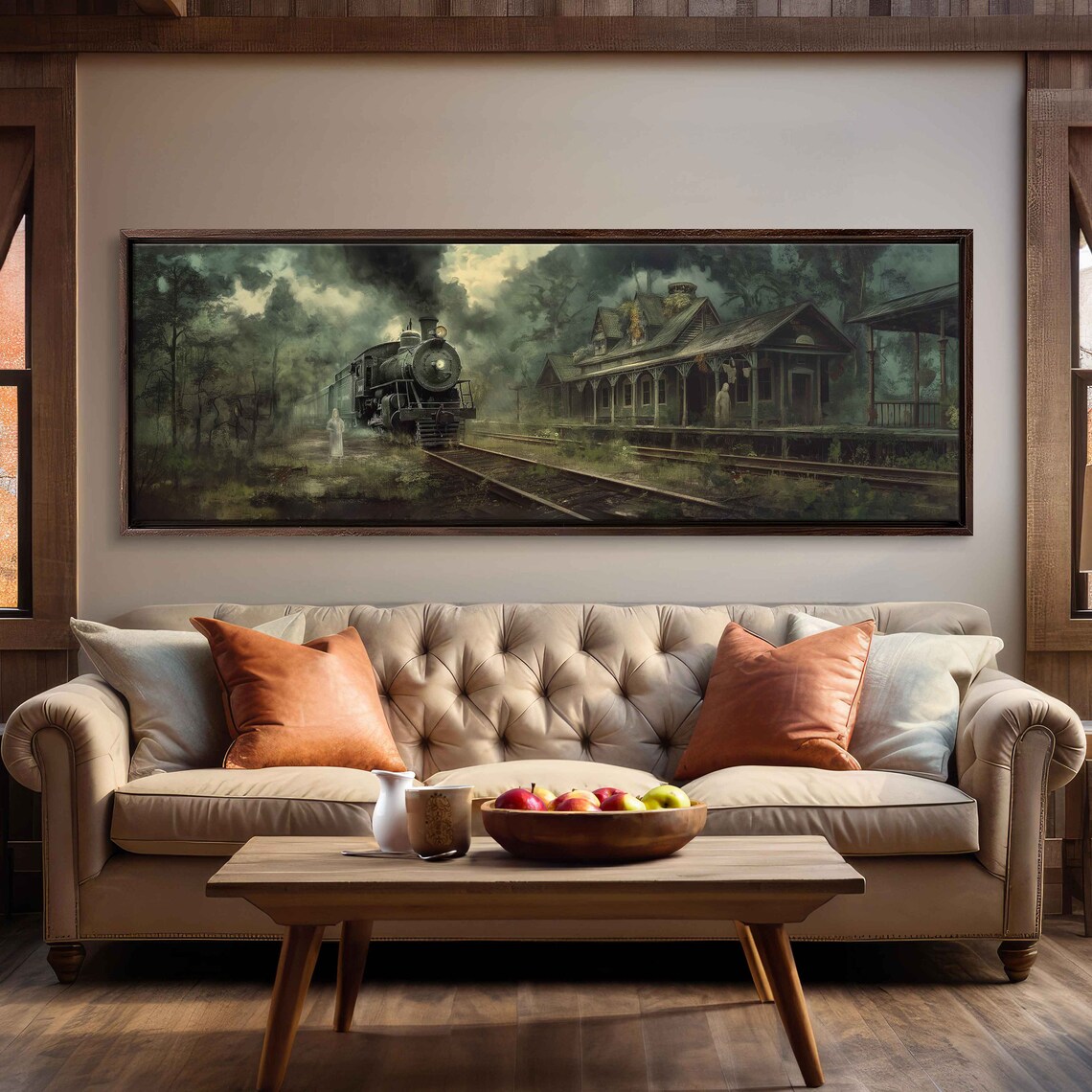 Haunted Train Station Steam Locomotive Ghostly Figures Misty Night Poster - Image 3