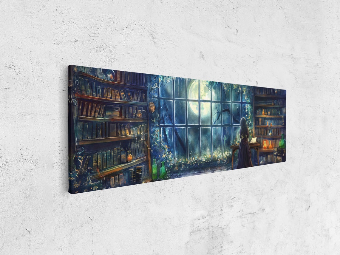 Witch Writing In Grimoire Library Overlooking Moonlit Forest Wall Art - Image 4