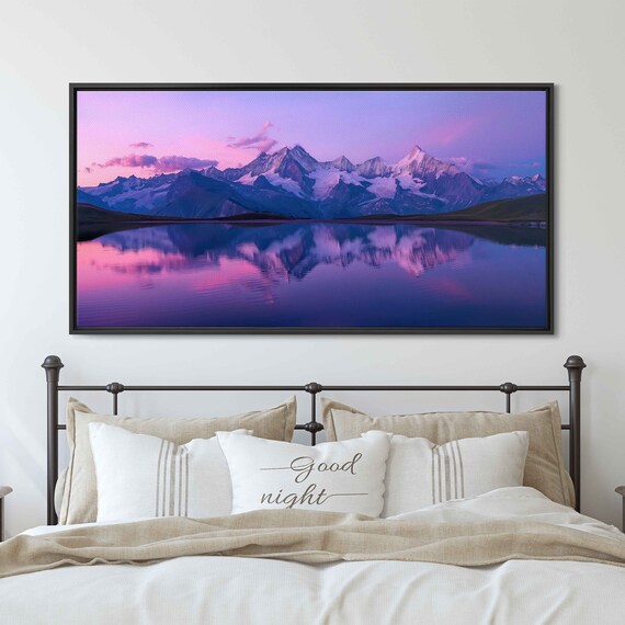 Swiss Alps Sunset Photo Calm Lake Colorful Cloudy Sky Lush Greenery Wall Art Print Ready To Hang