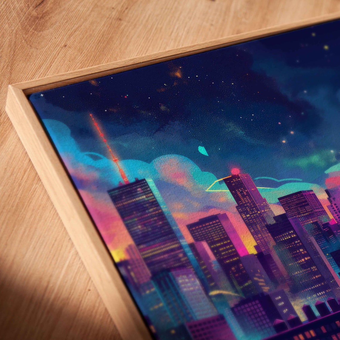 Neon Pop Art City Skyline Night Moonlit Skyscrapers Vibrant Poster - Image 2