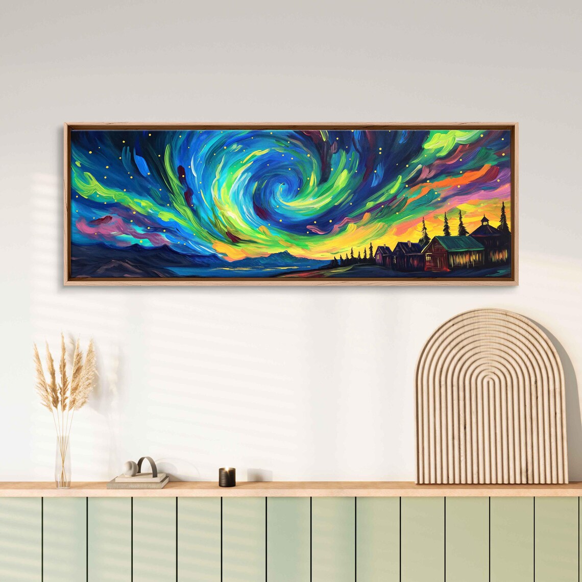 Rainbow Starry Night Aurora Vortex Over Lakeside Village Cabins Wall Poster - Image 3