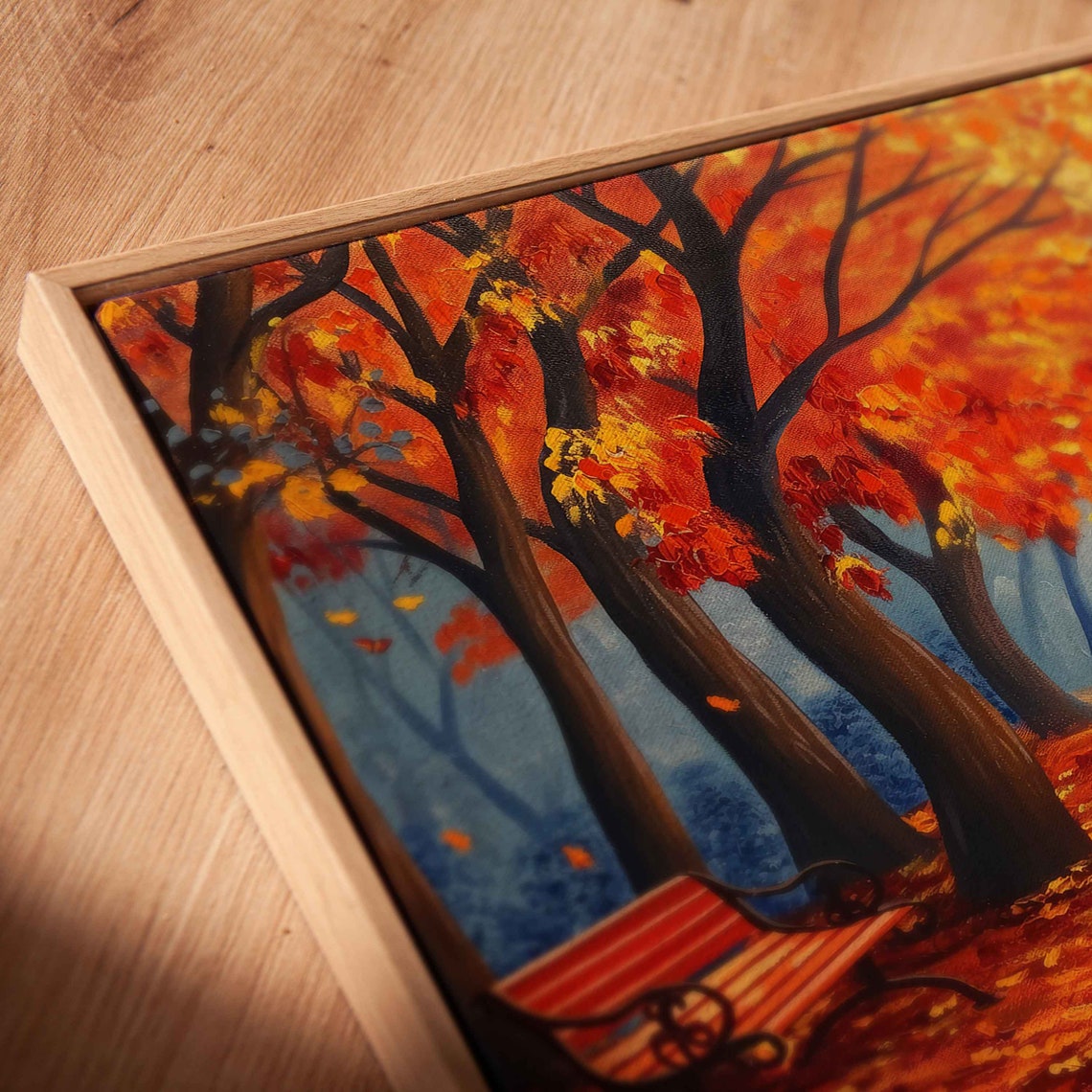 Autumn Park With Red Benches And Street Lamps Oil Painting Poster - Image 2