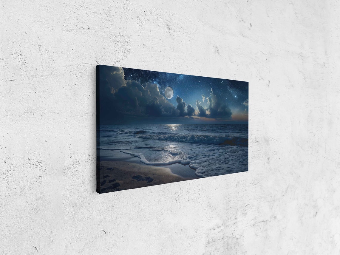 Moonlit Ocean Waves Rolling Onto Sandy Beach Night Sky Poster - Image 4