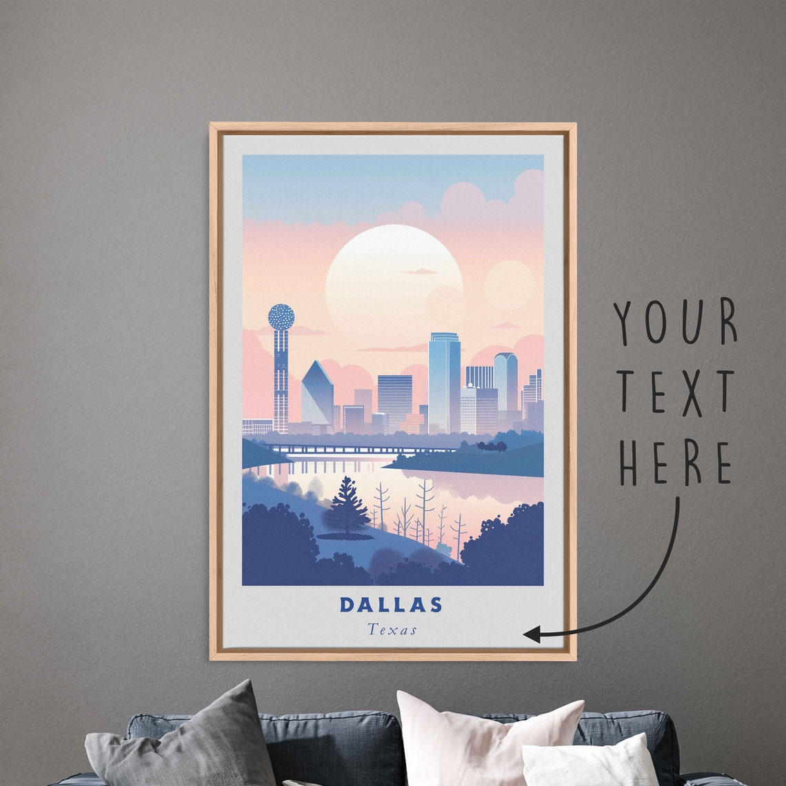 Dallas Texas Skyline Reunion Tower Sunset River View Travel Poster