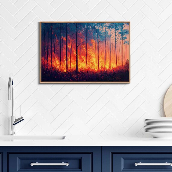 Burning Forest At Dusk Wall Art Print Emotional Oil Painting Chaotic Movement Of Fire