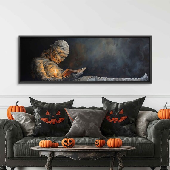Mummy Reading Book by Candlelight Spooky Oil Painting Panoramic Print
