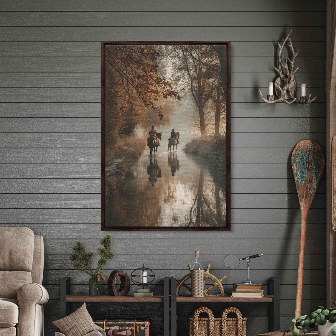 Two Cowboys Riding Horses Misty River Autumn Forest Western Art Poster