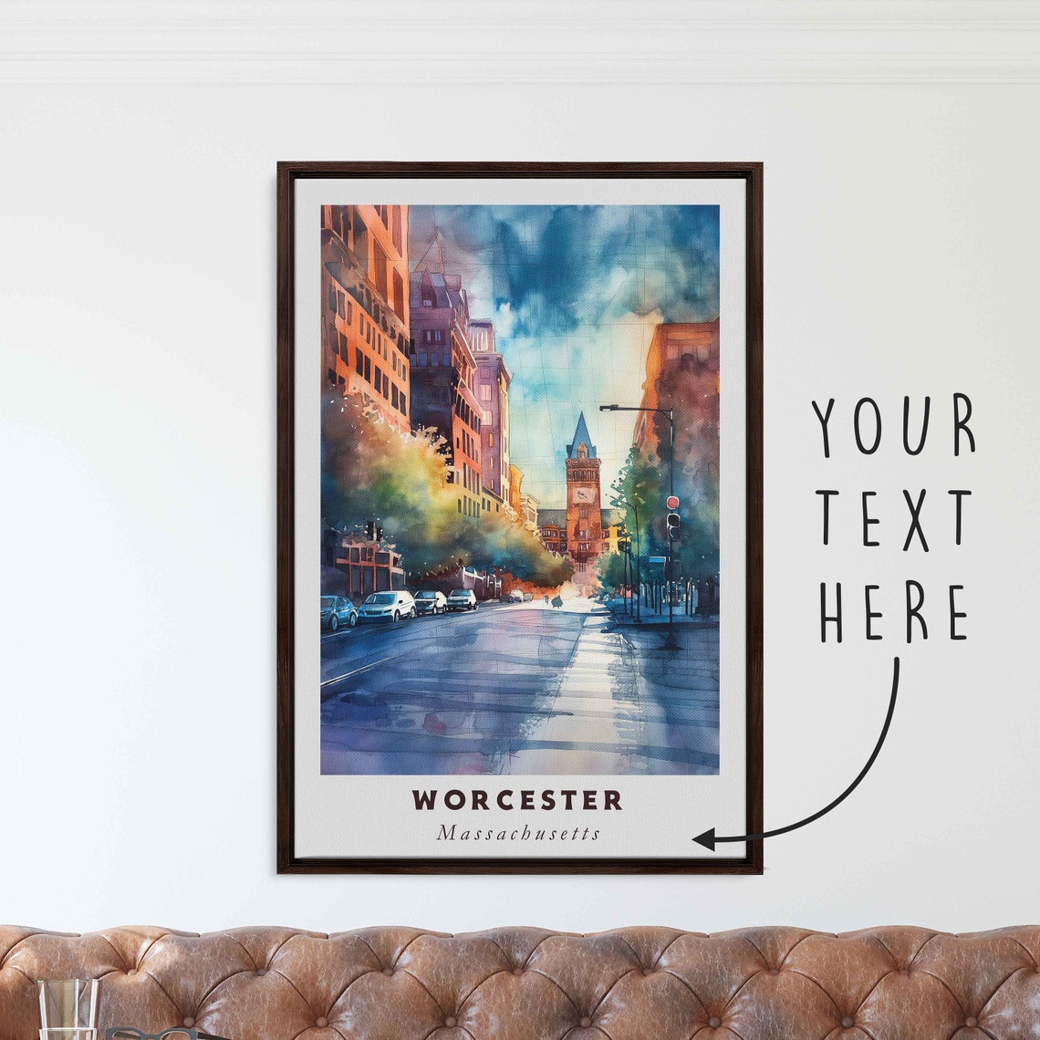 Worcester Massachusetts Watercolor Street Clock Tower Rainy Day Print