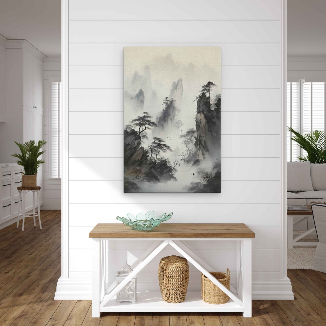 Chinese Ink Wash Foggy Mountain Peaks Pine Trees Scroll Art Poster - Image 2