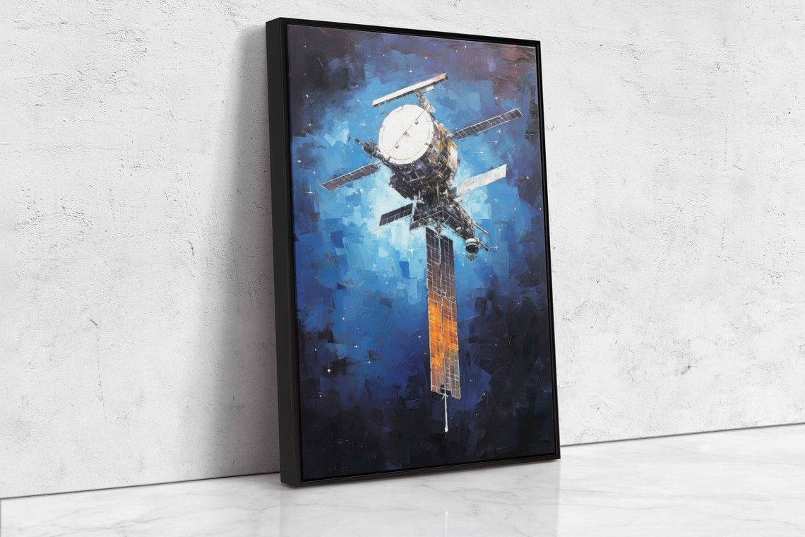 Space Station Orbiting Blue Starry Cosmos Oil Painting Space Art Print - Image 4